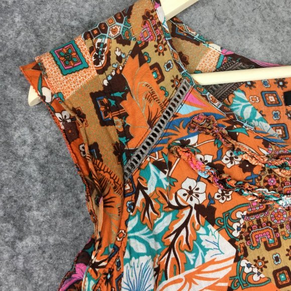 Sanctuary Top S Boho Geometric Motif Cap Sleeve Ruffle Keyhole Tank Mixed Print - Picture 4 of 12